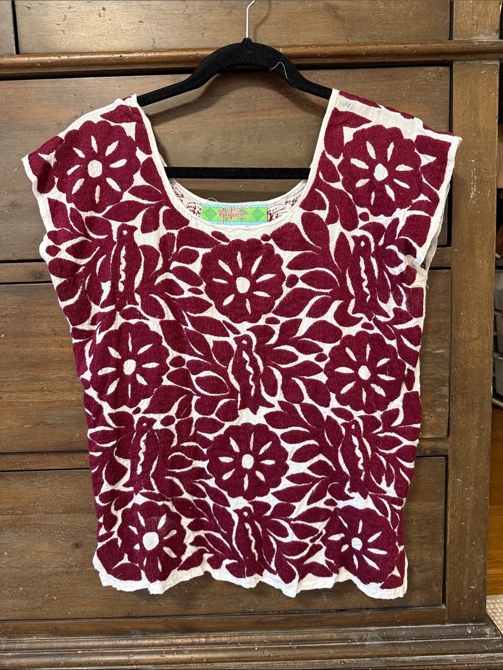 Hand Embroidered Floral Tunic Top - Burgundy Maroon and White Gameday